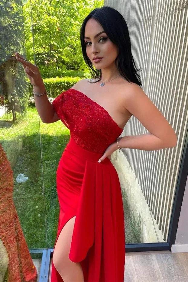 Split Front One Shoulder Mermaid Gown with Sequins and Lace Appliques