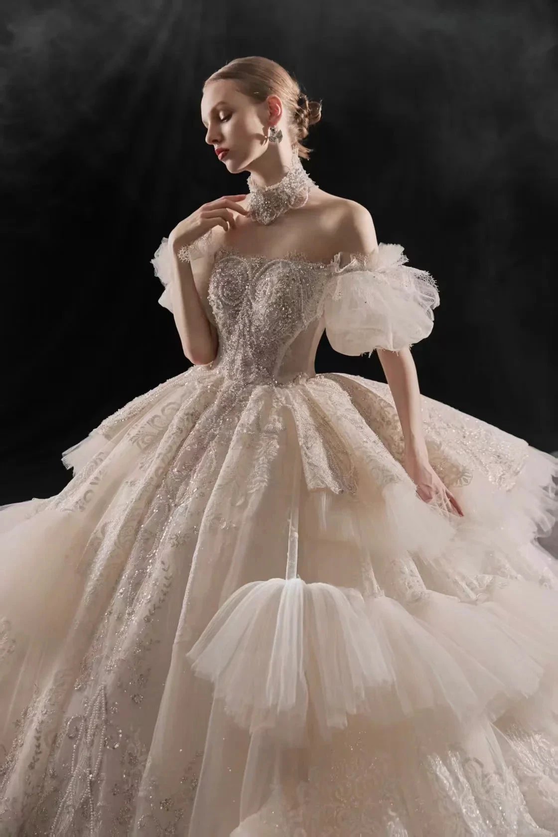 Opulent Off-the-Shoulder Ball Gown Tulle Puff Sleeve Beaded Lace Wedding Dress with Layered Ruffled Train & Choker Q6001