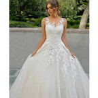 Elegant Wedding Dress A-Line O-Neck Tank Lace Appliques Illusion Button Tulle Bride Gown Robe Customized