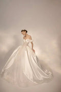 Opulent Ball Gown Off-the-Shoulder Satin Wedding Dress with Sequin Embroidery & Dramatic Train Q6018