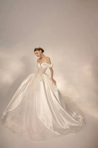 Opulent Ball Gown Off-the-Shoulder Satin Wedding Dress with Sequin Embroidery & Dramatic Train Q6018