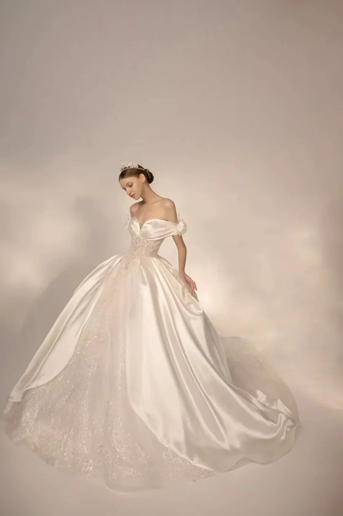 Opulent Ball Gown Off-the-Shoulder Satin Wedding Dress with Sequin Embroidery & Dramatic Train Q6018