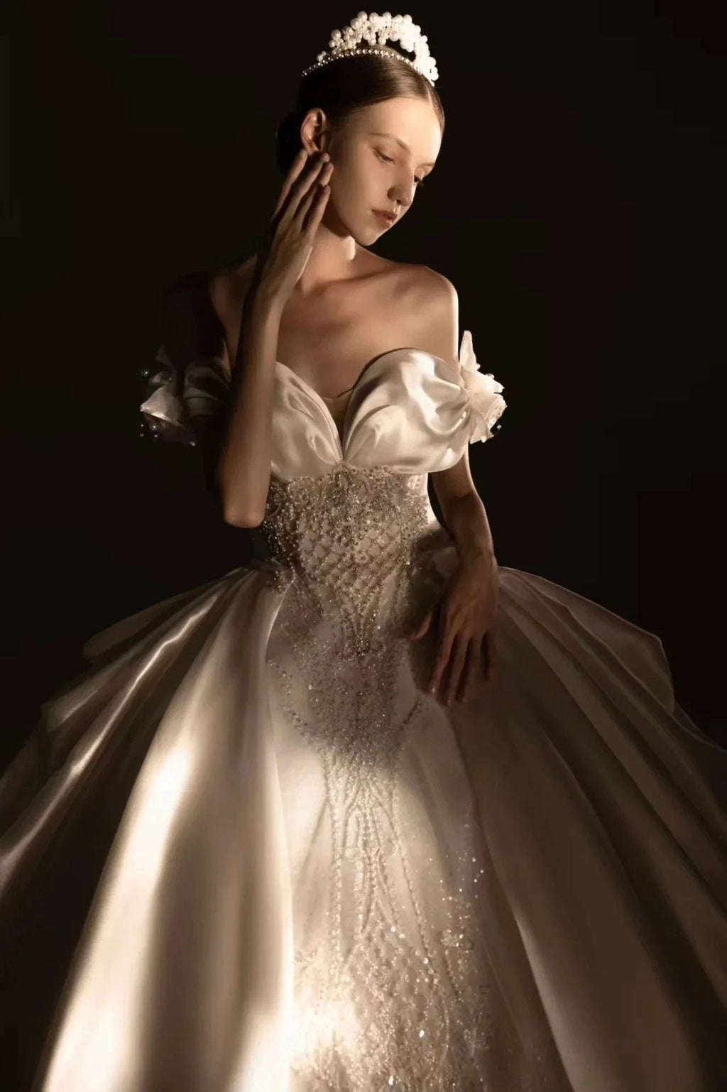 Opulent Ball Gown Off-the-Shoulder Satin Wedding Dress with Sequin Embroidery & Dramatic Train Q6018