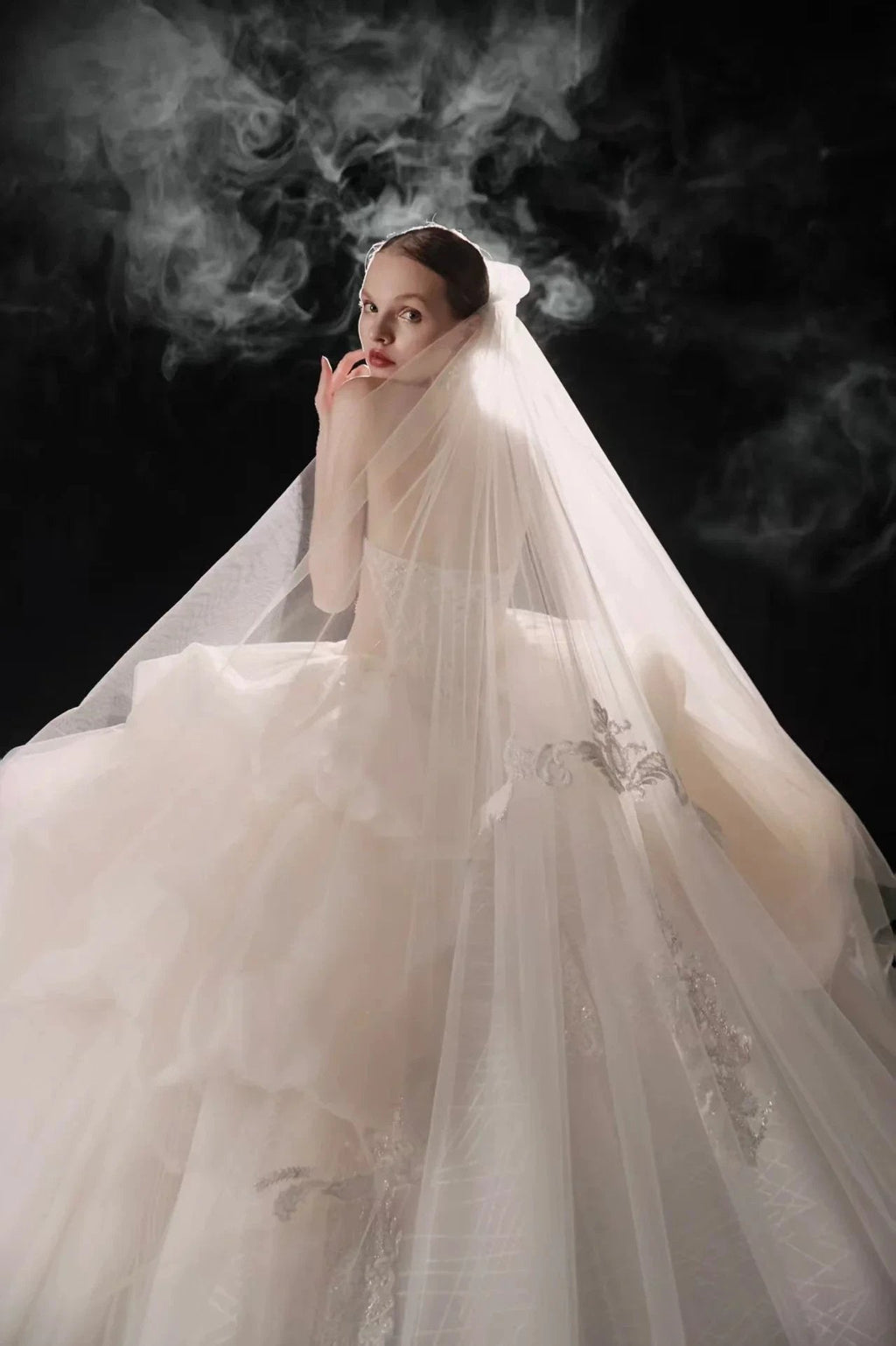 Opulent High-Neck Ball Gown Beaded Mesh Capelet Ruffled Skirt Wedding Dress with Sparkling Train Q6009