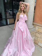 Edgar | Strapless White Satin A-line Long Formal Dress with Bow
