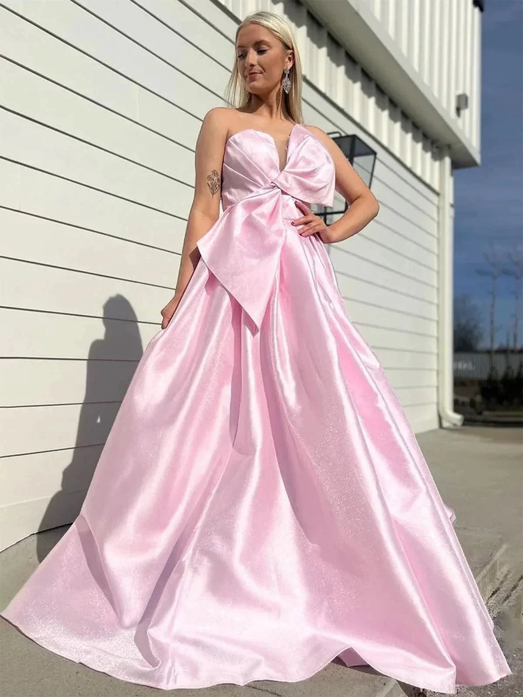 Edgar | Strapless White Satin A-line Long Formal Dress with Bow