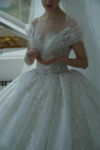 Ethereal Ball Gown Off-the-Shoulder Illusion Lace Wedding Dress with Beaded Embroidery & Cathedral Train M-002