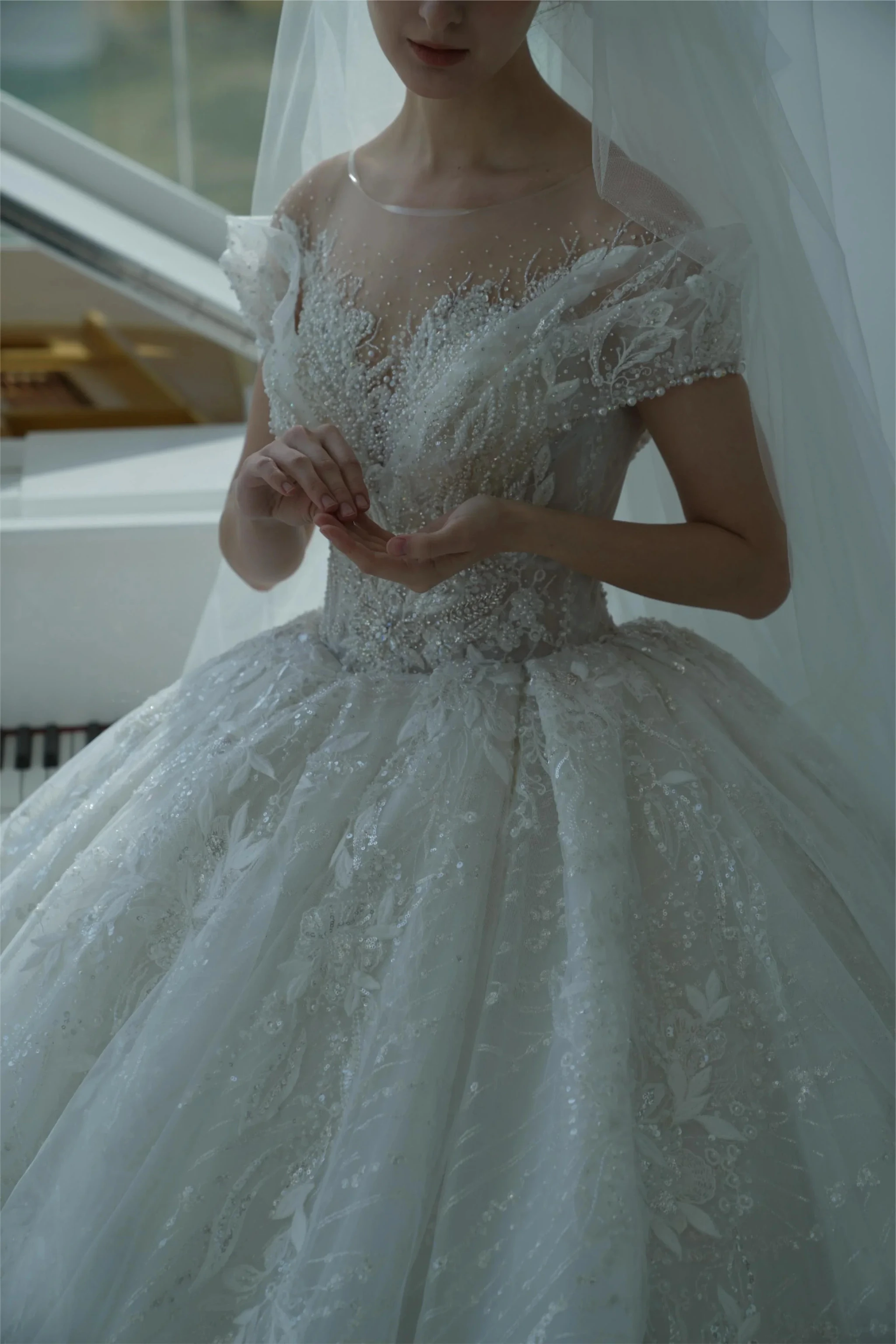 Ethereal Ball Gown Off-the-Shoulder Illusion Lace Wedding Dress with Beaded Embroidery & Cathedral Train M-002