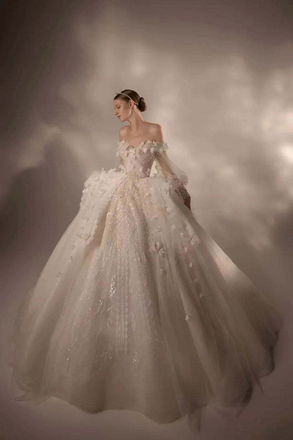 Gorgeous Long Ball Gown Off-the-Shoulder Tulle Wedding Dress with 3D Floral & Crystal Embroidery & Cathedral Train H009