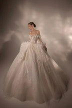 Gorgeous Long Ball Gown Off-the-Shoulder Tulle Wedding Dress with 3D Floral & Crystal Embroidery & Cathedral Train H009