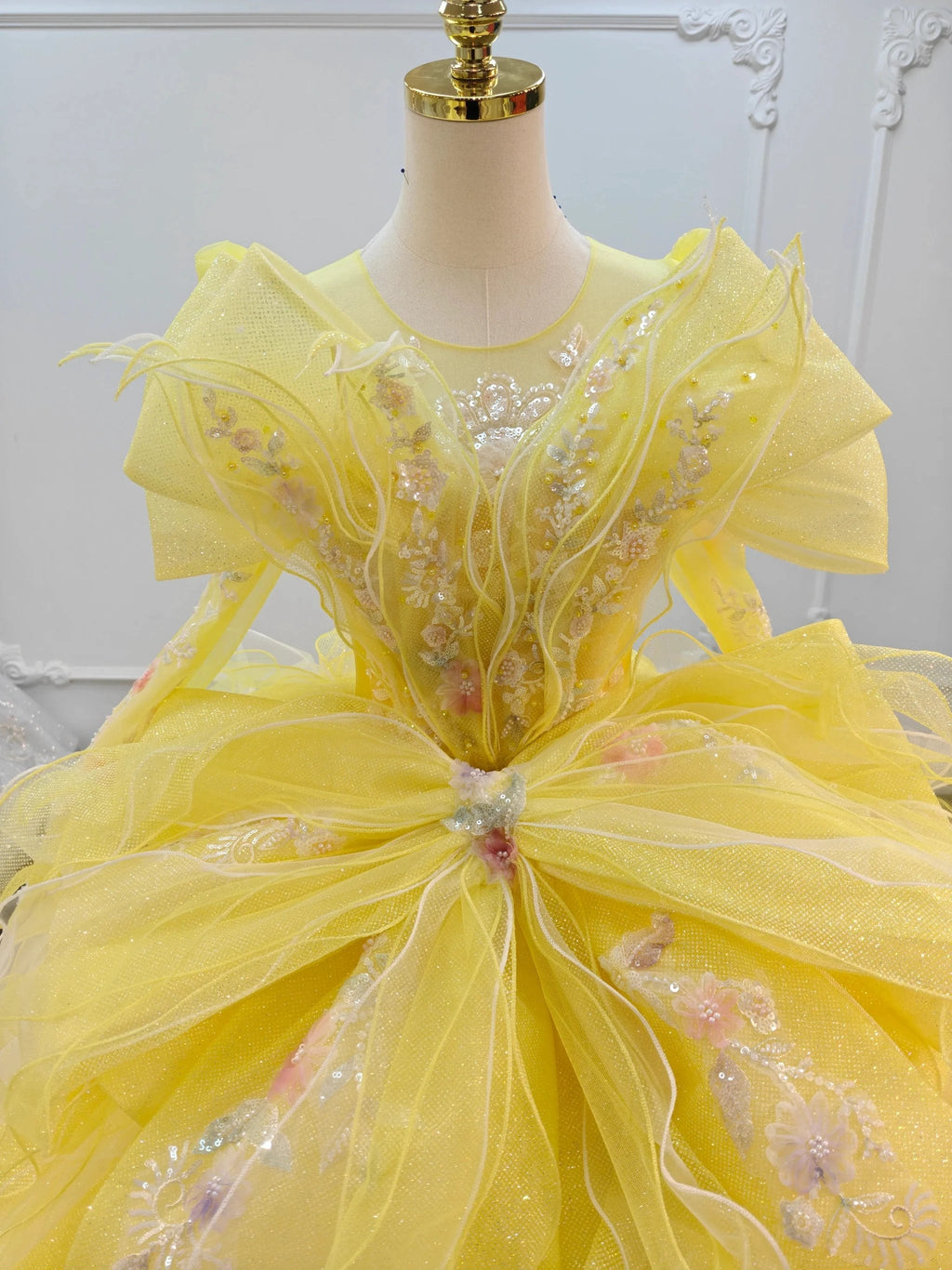 Vibrant Yellow High-Neck Ball Gown Wedding Dress with Ruffled Tulle, 3D Floral Embroidery & Corset Back Ye-2031