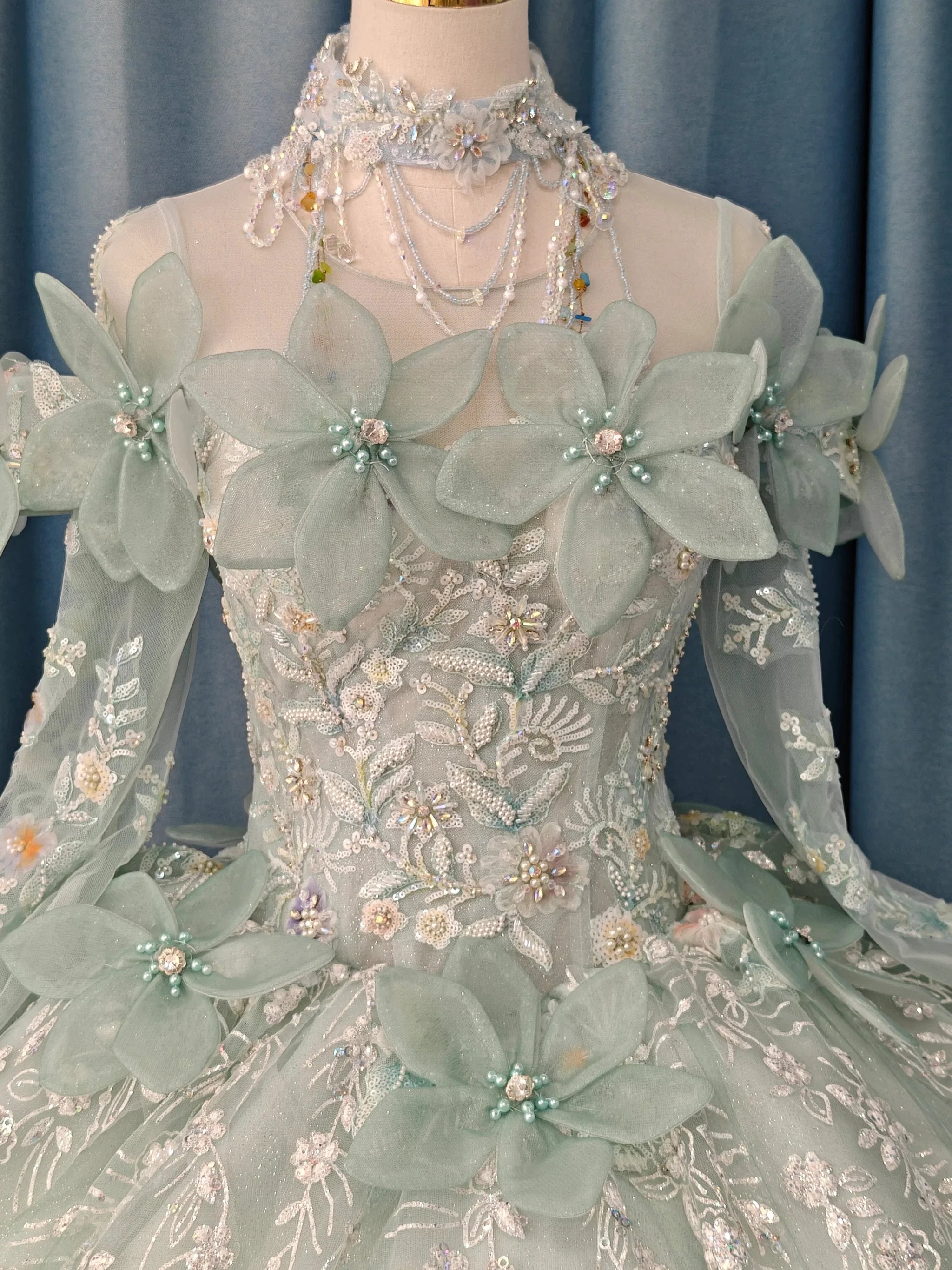Fairy-Tale Mint Green High-Neck Ball Gown Wedding Dress with 3D Organza Flowers & Crystal Embroidery Ye-2025
