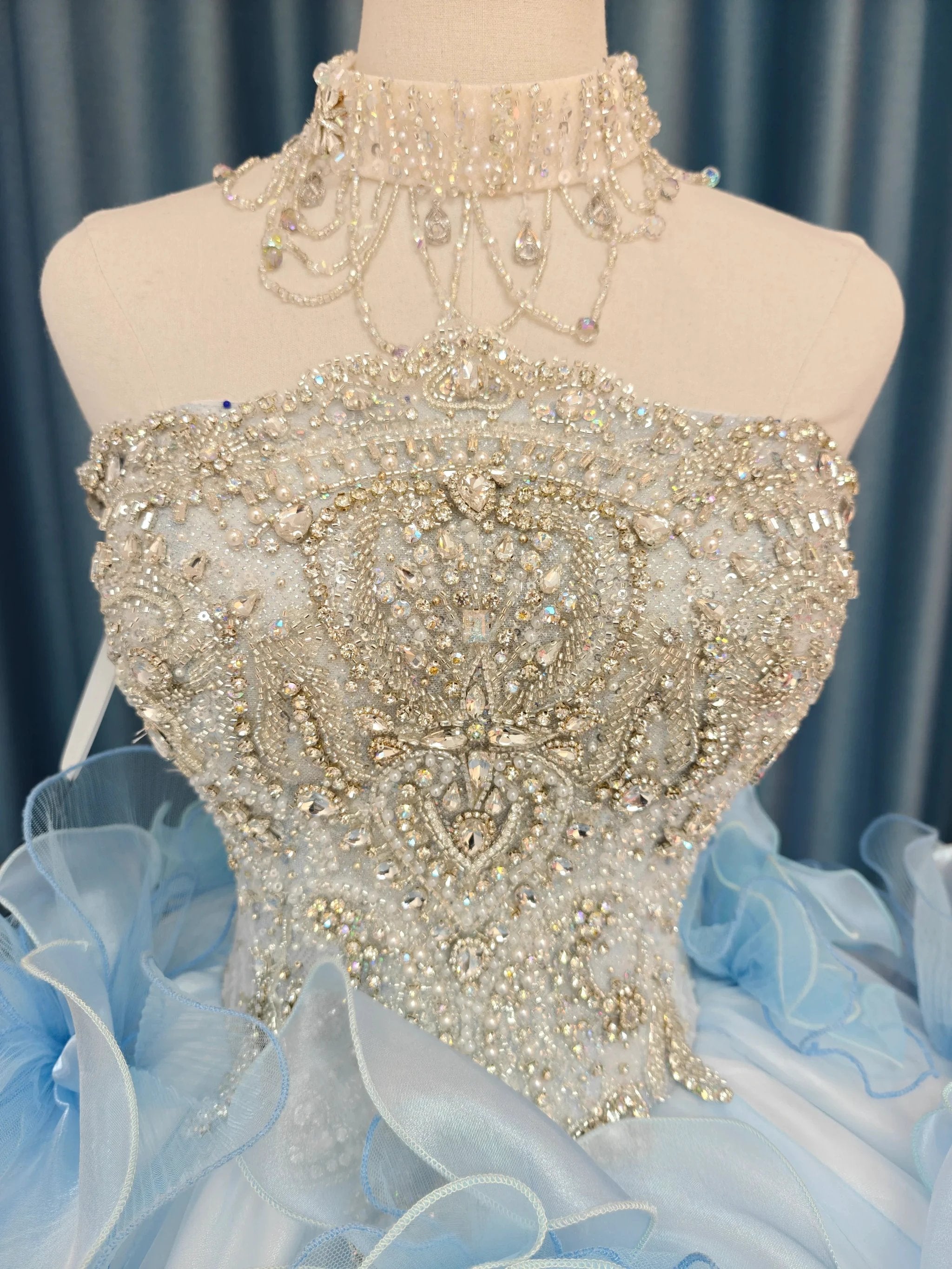 Enchanting Light Blue Strapless Ball Gown Wedding Dress with Crystal Beaded Bodice & 3D Organza Flowers Ye-2024