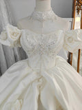 Ivory Rose Off-Shoulder Ballgown Beaded Bust & 3D Flower Skirt