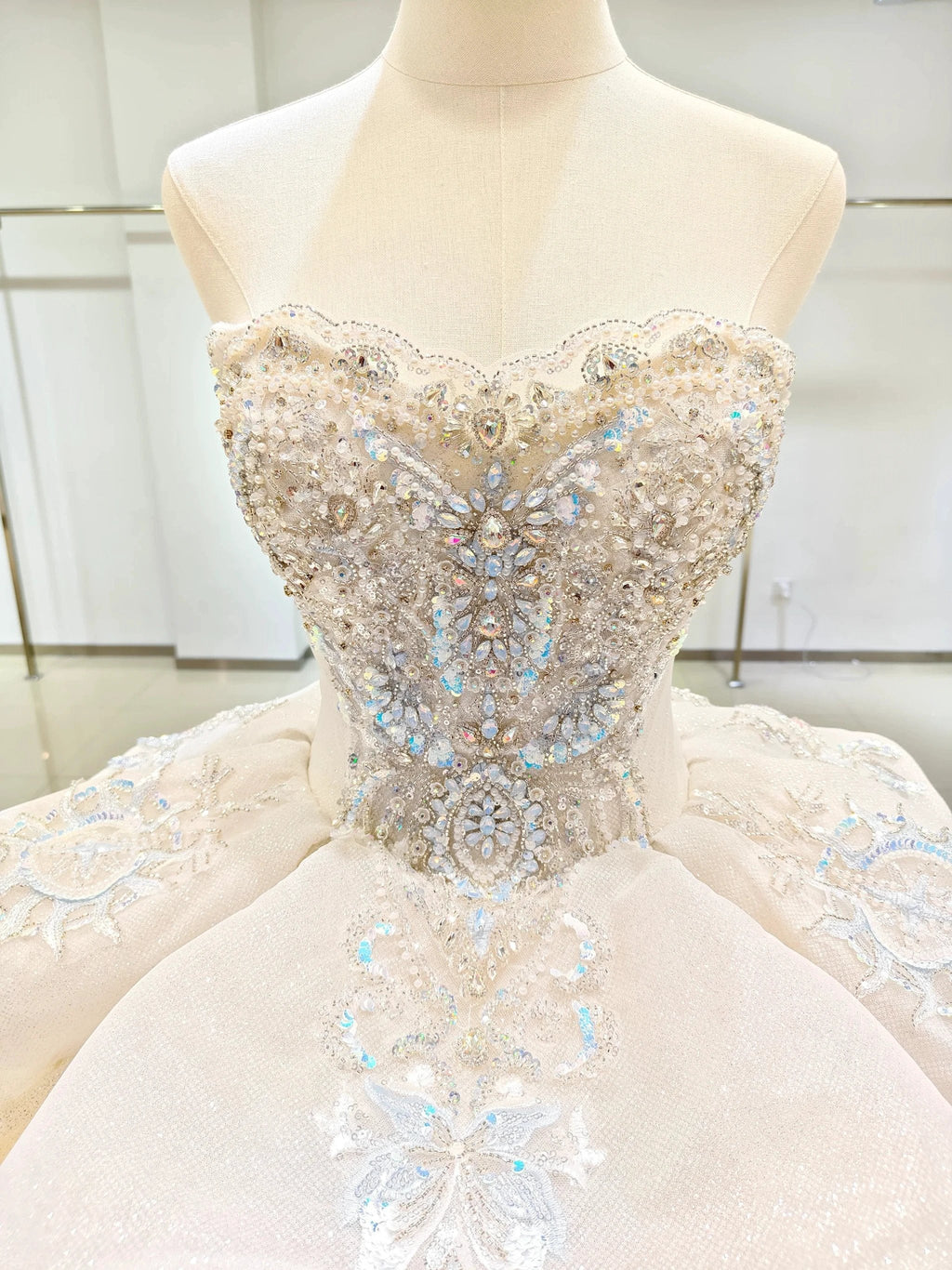 Ivory Glimmer Strapless Ballgown: Iridescent Beaded Bust & Flowing Train