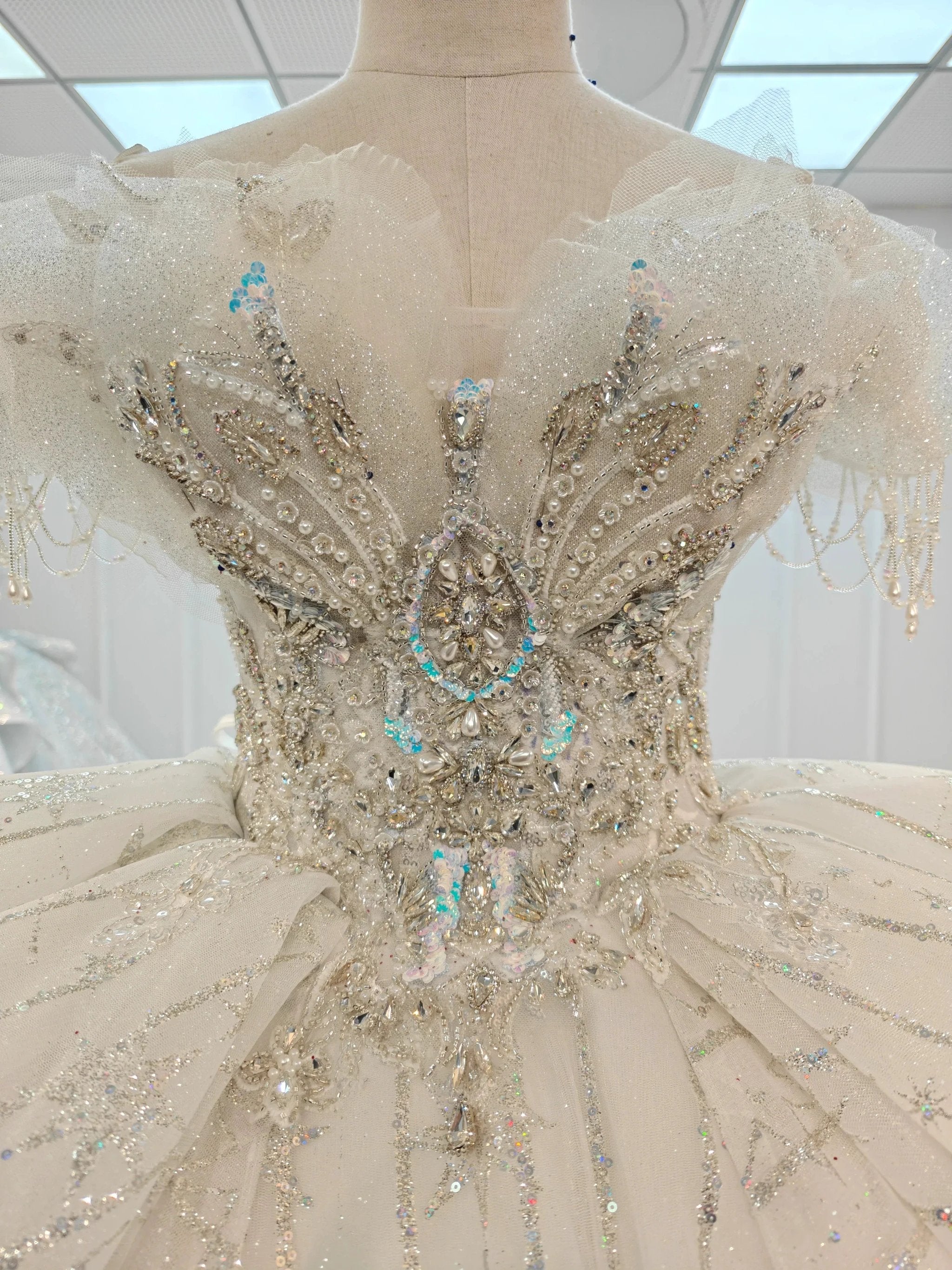 Ivory Starlight Off-Shoulder Ballgown Celestial Sequin Skirt & Beaded Tassel Bodice