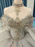 Regal Silver-Gray Off-the-Shoulder Ball Gown Wedding Dress with Crystal Collar, Beaded Embroidery & Tulle Train Ye-2032