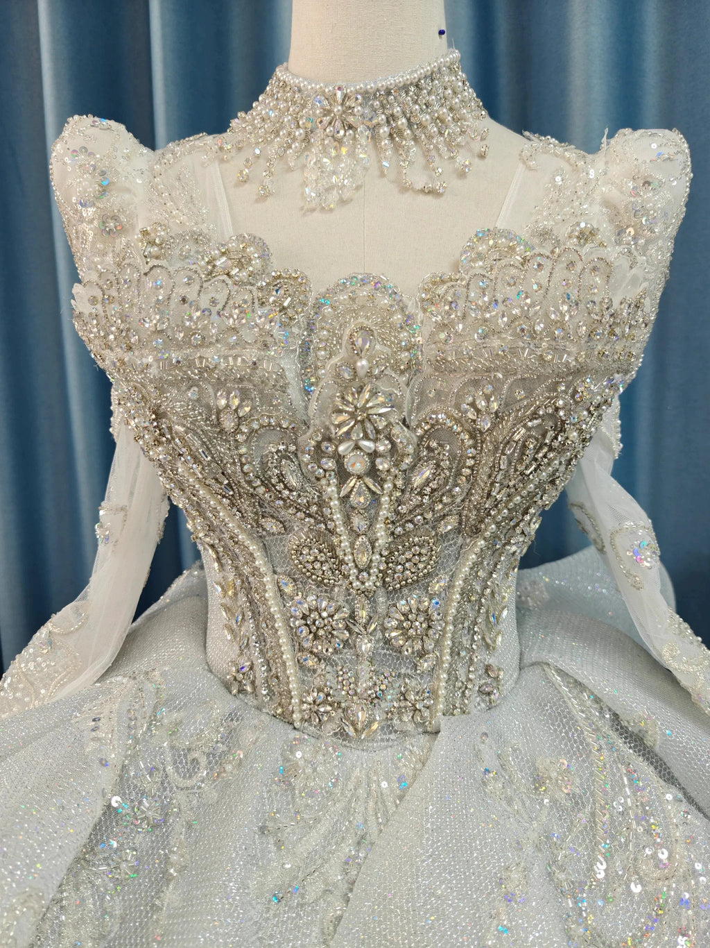 Gorgeous High-Neck Sequin Ball Gown Wedding Dress with Crystal Embroidery & Sheer Long Sleeves Ye-2021
