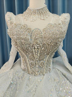 Gorgeous High-Neck Sequin Ball Gown Wedding Dress with Crystal Embroidery & Sheer Long Sleeves Ye-2021