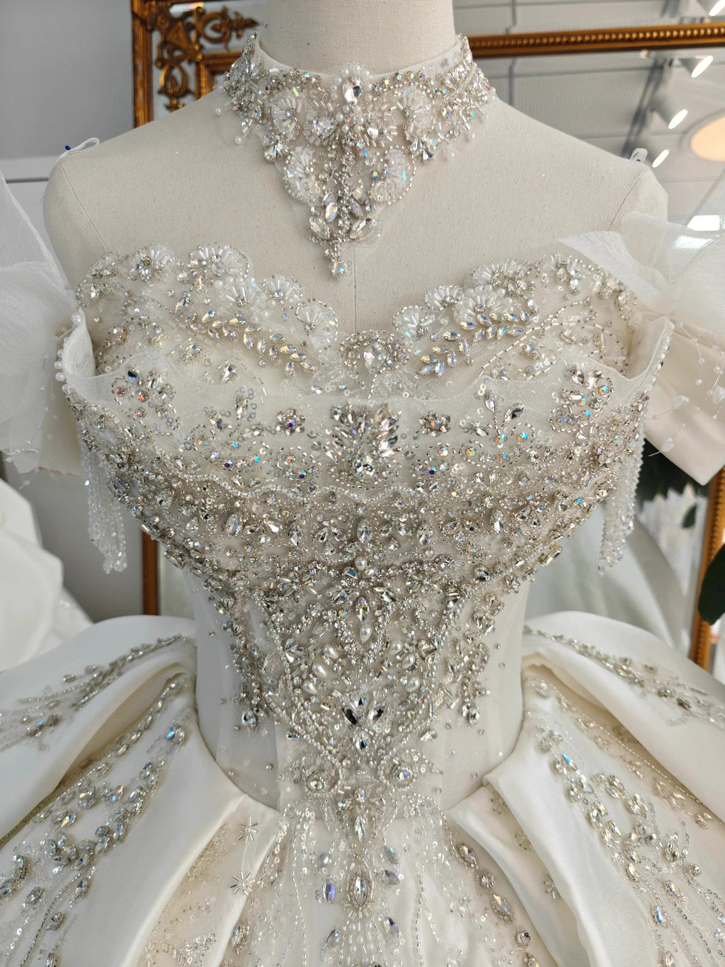 Champagne Glimmer Off-Shoulder Ballgown Crystal-Embroidered Skirt & Fringed Collar