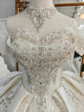 Champagne Glimmer Off-Shoulder Ballgown Crystal-Embroidered Skirt & Fringed Collar