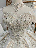 Champagne Glimmer Off-Shoulder Ballgown Crystal-Embroidered Skirt & Fringed Collar