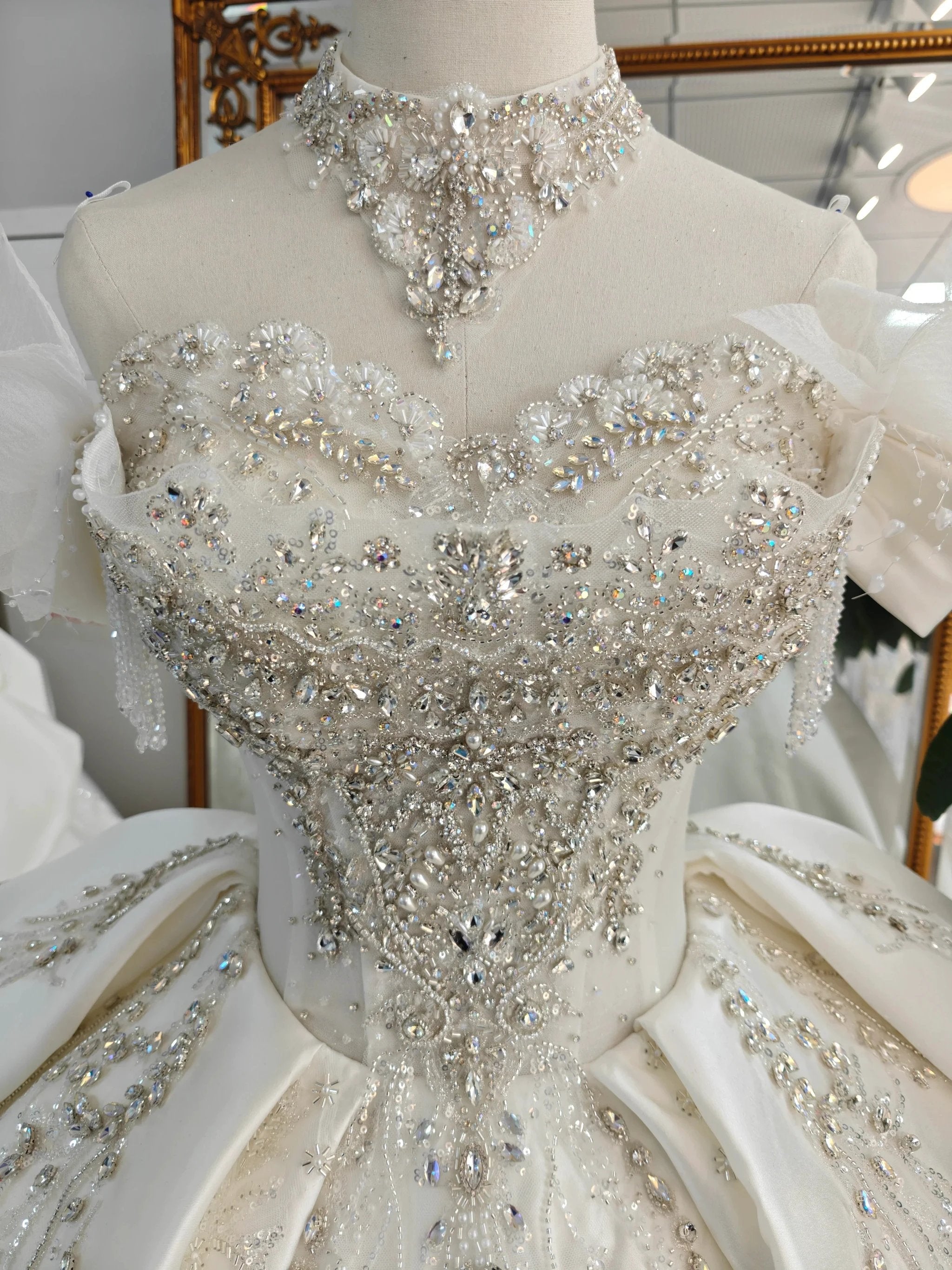Champagne Glimmer Off-Shoulder Ballgown Crystal-Embroidered Skirt & Fringed Collar