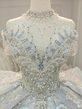 Gorgeous Silver Sequin Off-the-Shoulder Ball Gown Wedding Dress with Crystal Embroidery & Giant Bow Train Ye-2020