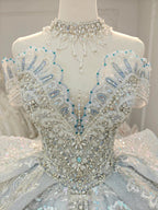 Gorgeous Silver Sequin Off-the-Shoulder Ball Gown Wedding Dress with Crystal Embroidery & Giant Bow Train Ye-2020