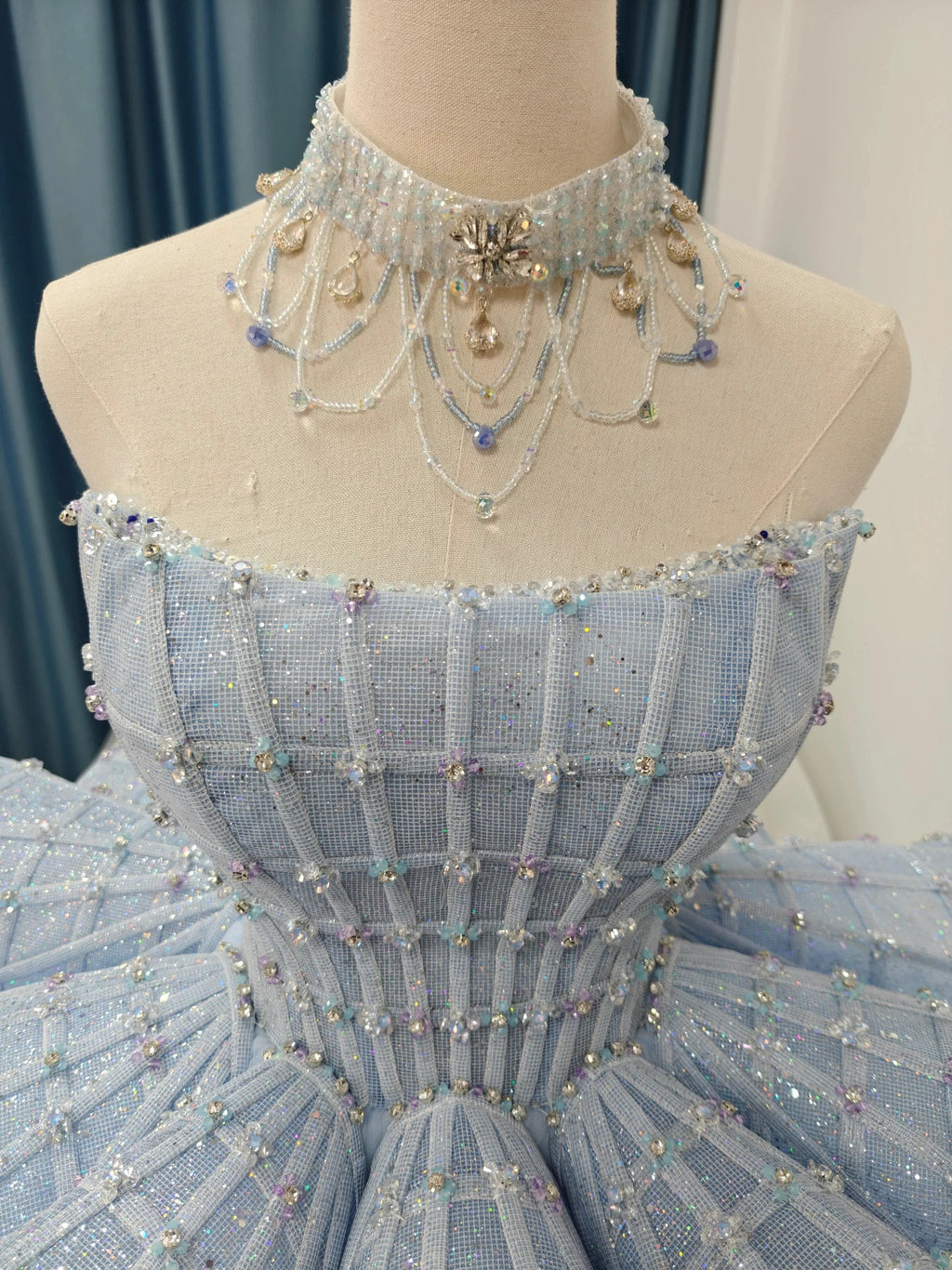 Enchanting Light Blue Ball Gown Strapless Beaded Mesh Wedding Dress with 3D Butterfly Accents Ye-2016