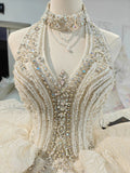 Lavish Halter-Neck Ball Gown Wedding Dress with Pearl Crystal Embroidery & Ruffled Tulle Skirt Ye-2034