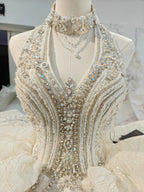 Lavish Halter-Neck Ball Gown Wedding Dress with Pearl Crystal Embroidery & Ruffled Tulle Skirt Ye-2034