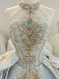 Regal Silver-Gold Ball Gown Halter Neck Beaded Embroidery Wedding Dress with Oversized Bows Ye-2018