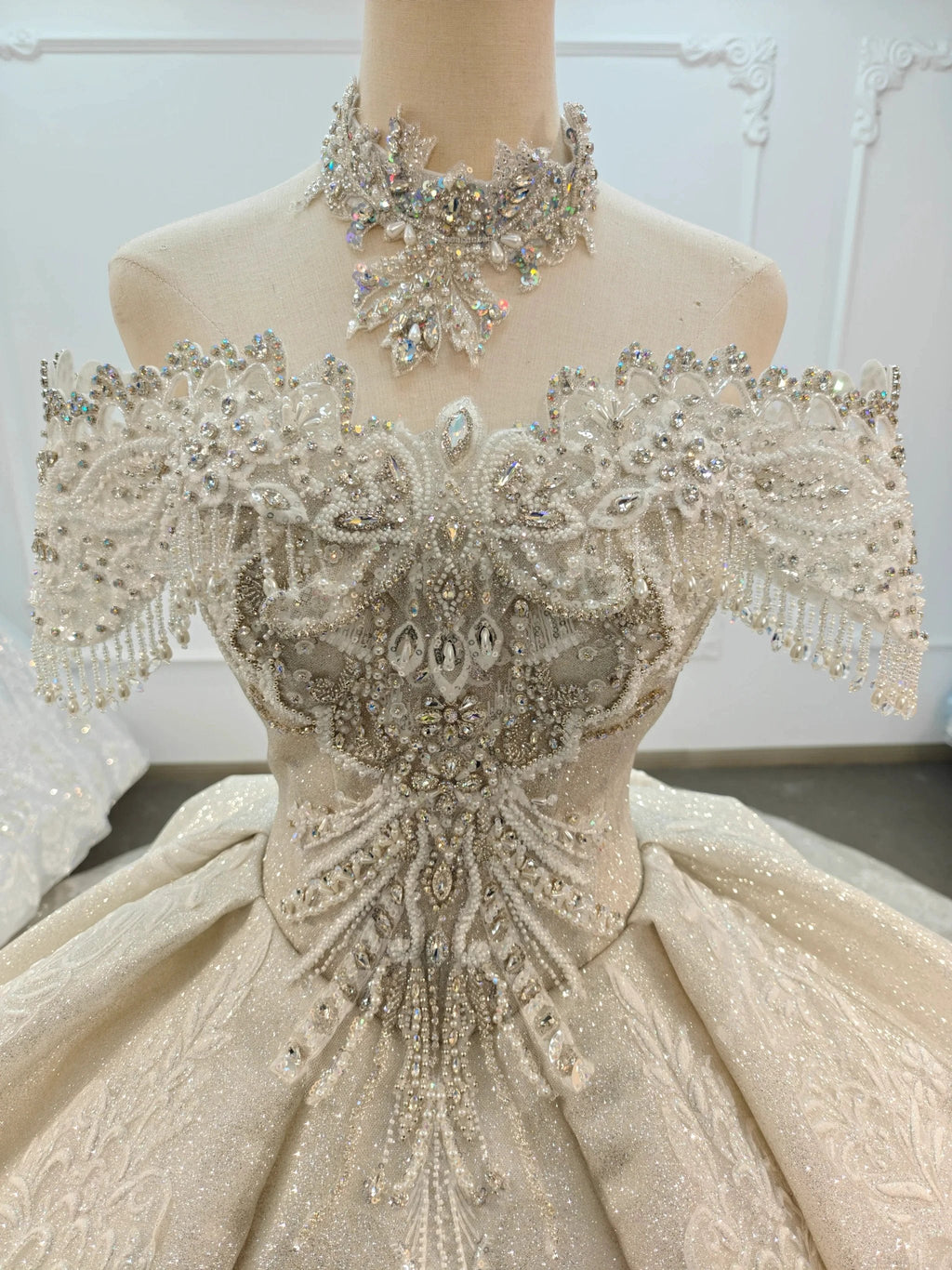 Champagne Glimmer Off-Shoulder Ballgown Crystal Fringe Bust & Embroidered Train