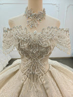 Champagne Glimmer Off-Shoulder Ballgown Crystal Fringe Bust & Embroidered Train