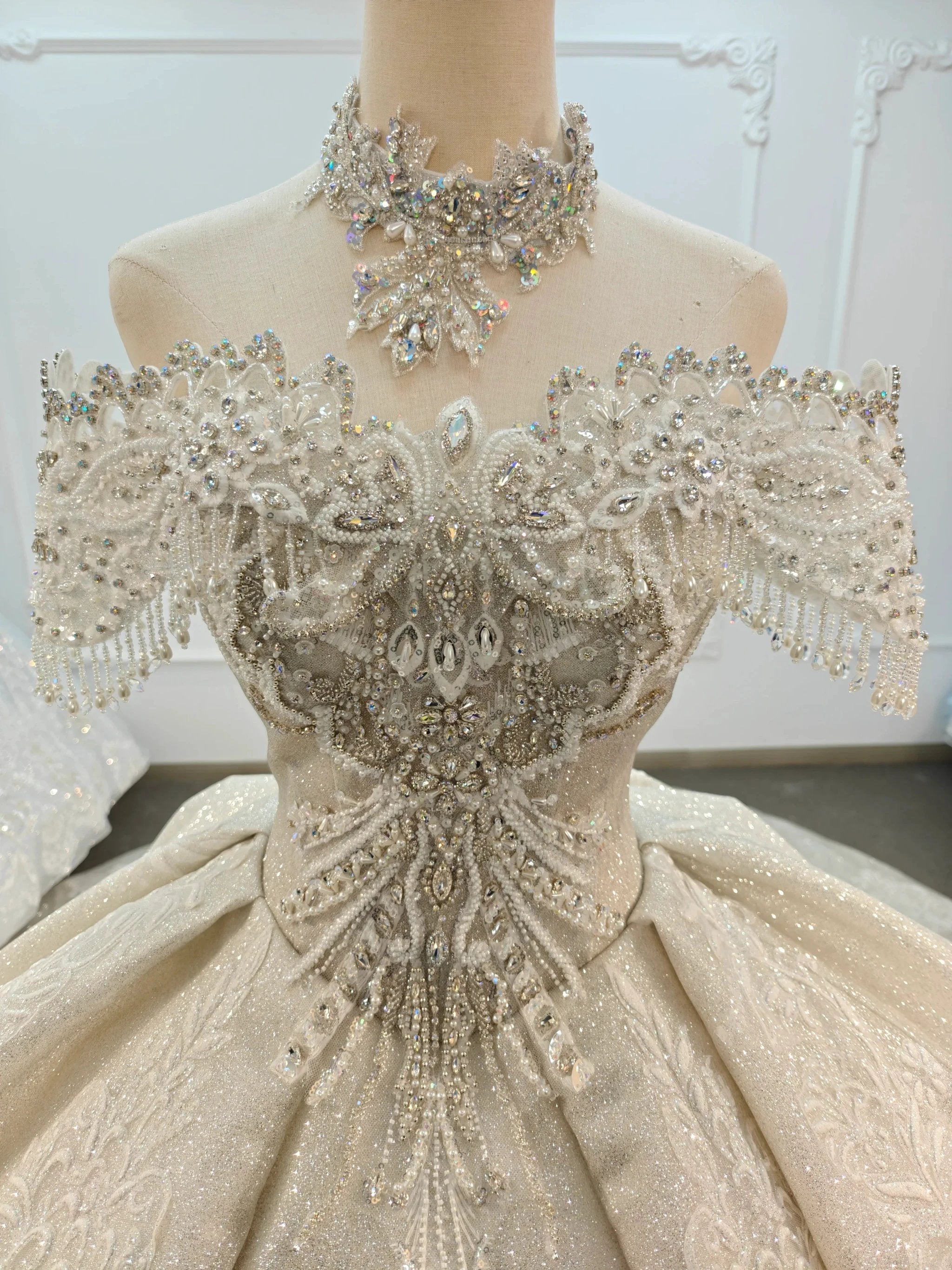 Champagne Glimmer Off-Shoulder Ballgown Crystal Fringe Bust & Embroidered Train