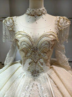 Ivory Gilded Butterfly Ballgown Crystal-Embroidered Bust & Fringed Collar