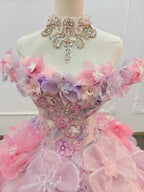 Enchanting Pastel Pink & Purple Off-the-Shoulder Ball Gown Wedding Dress with 3D Glitter Flowers & Crystal Collar Ye-2027