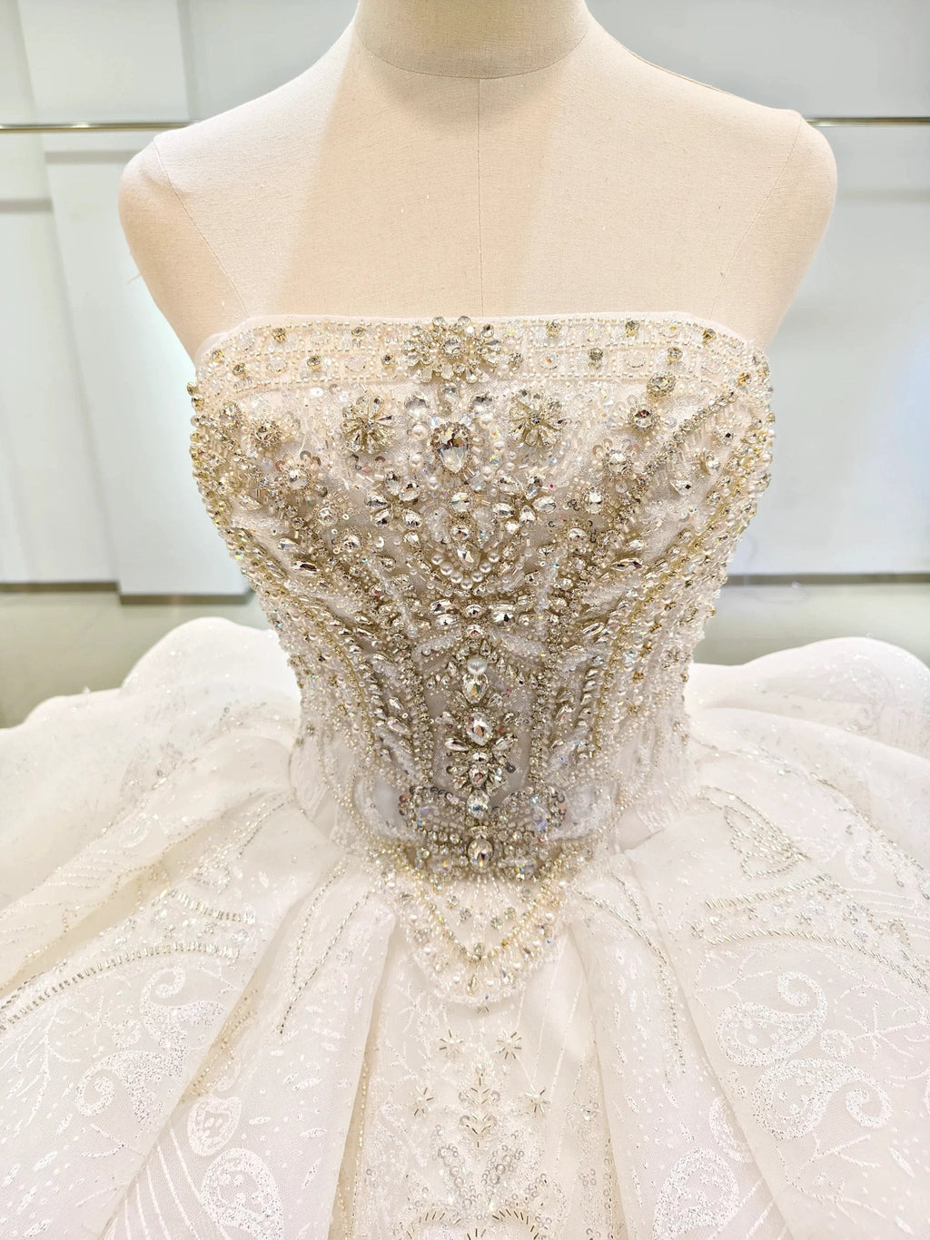 White Gleam Strapless Ballgown Beaded Bust & Ruffled Train