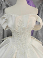 Ivory Lustre Off-Shoulder Ballgown Pearl-Embroidered Bodice & Cathedral Satin Train