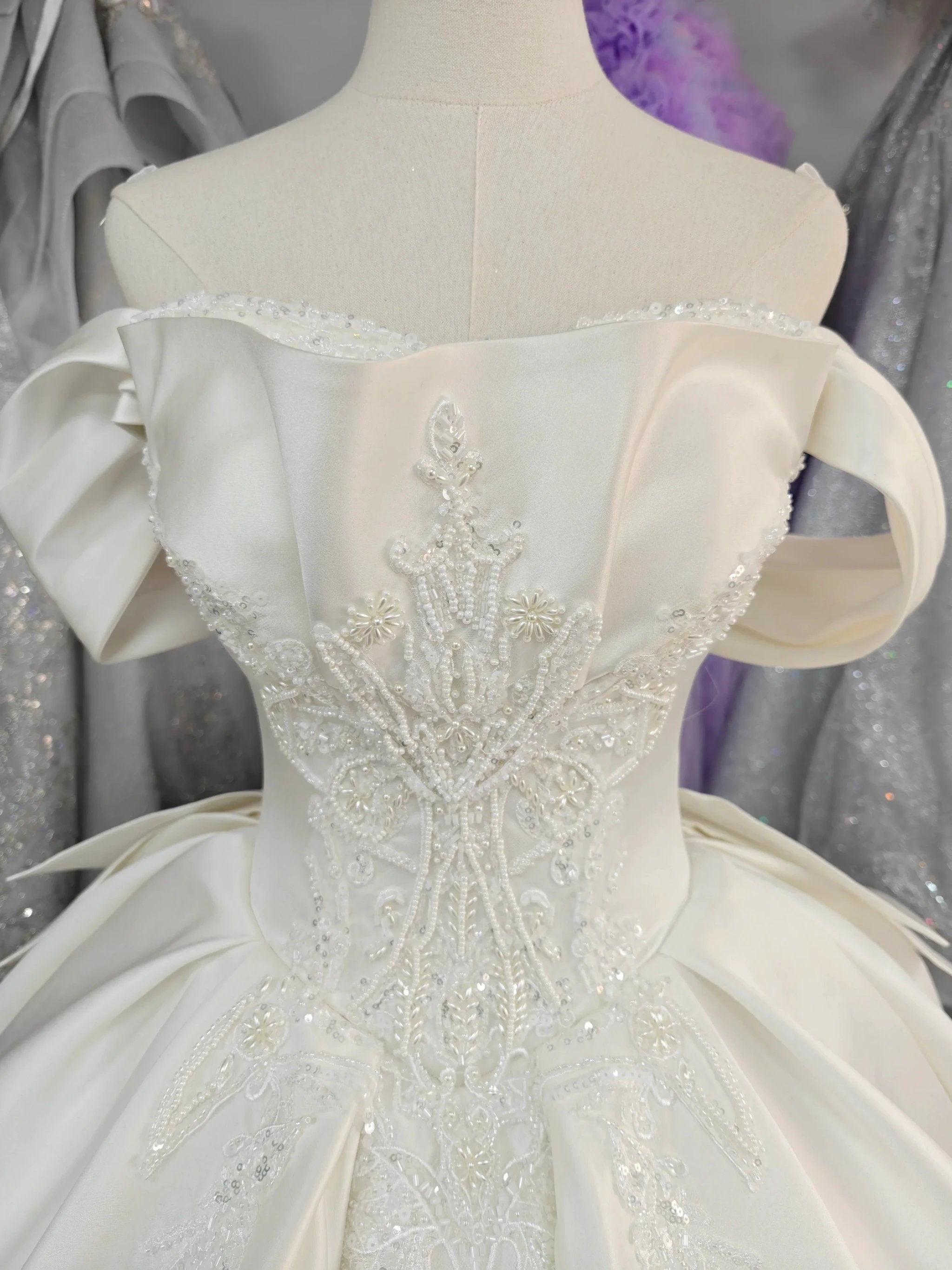 Ivory Lustre Off-Shoulder Ballgown Pearl-Embroidered Bodice & Cathedral Satin Train
