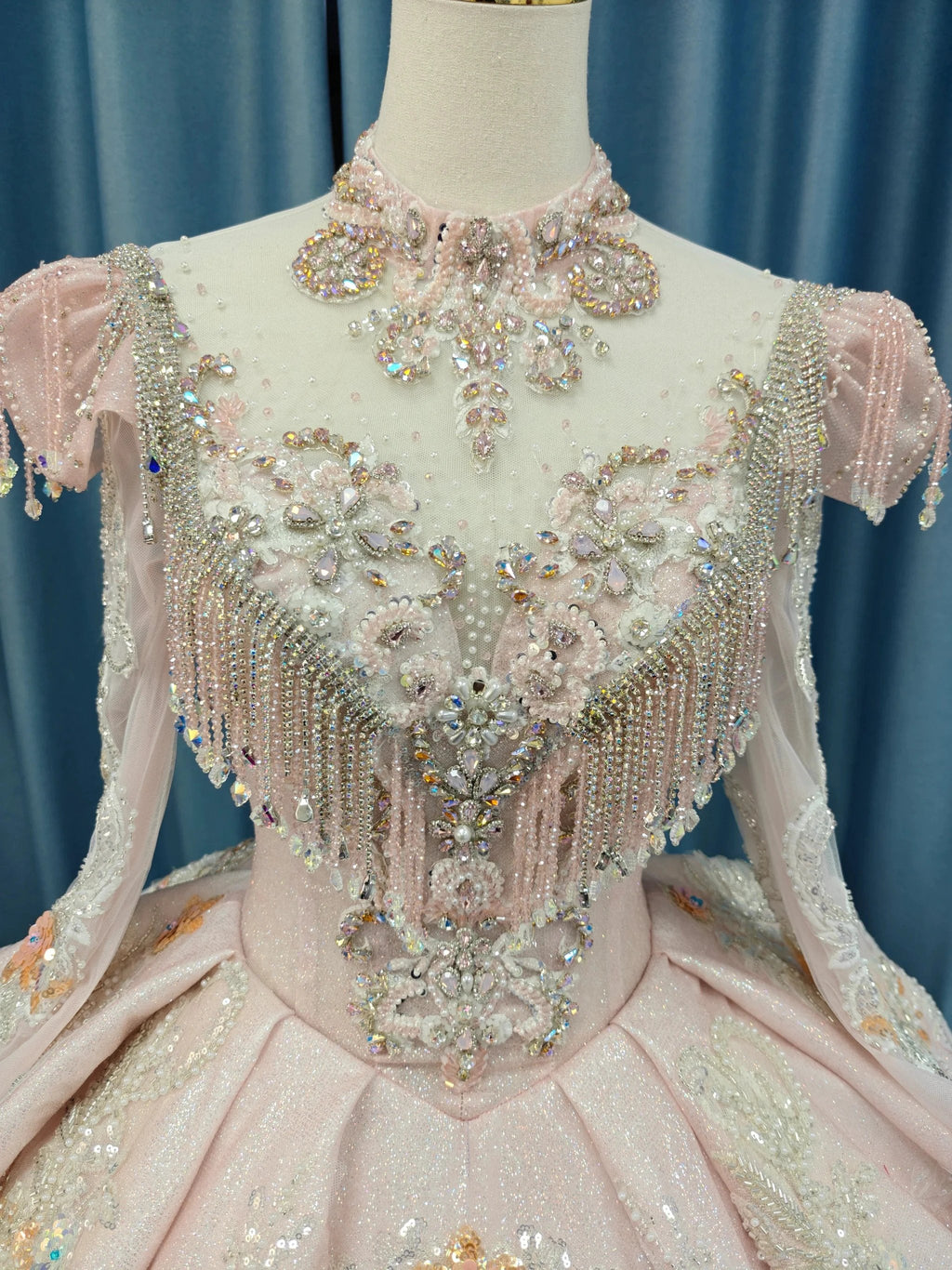 Lavish Blush Pink High-Neck Ball Gown Wedding Dress with Beaded Fringe & 3D Floral Embroidery Ye-2026