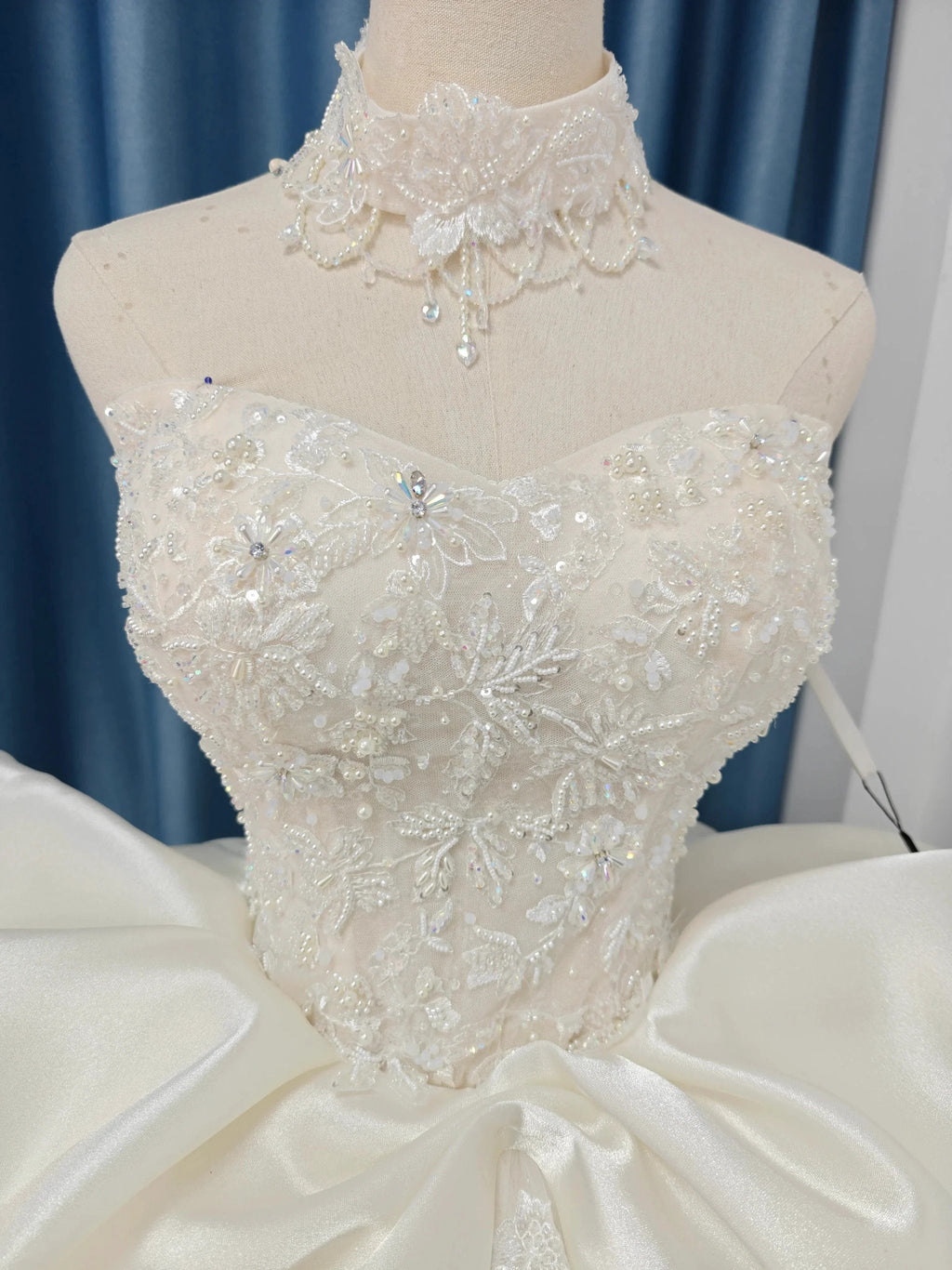 Ivory Lace Strapless Ballgown Choker Collar & Bow Skirt