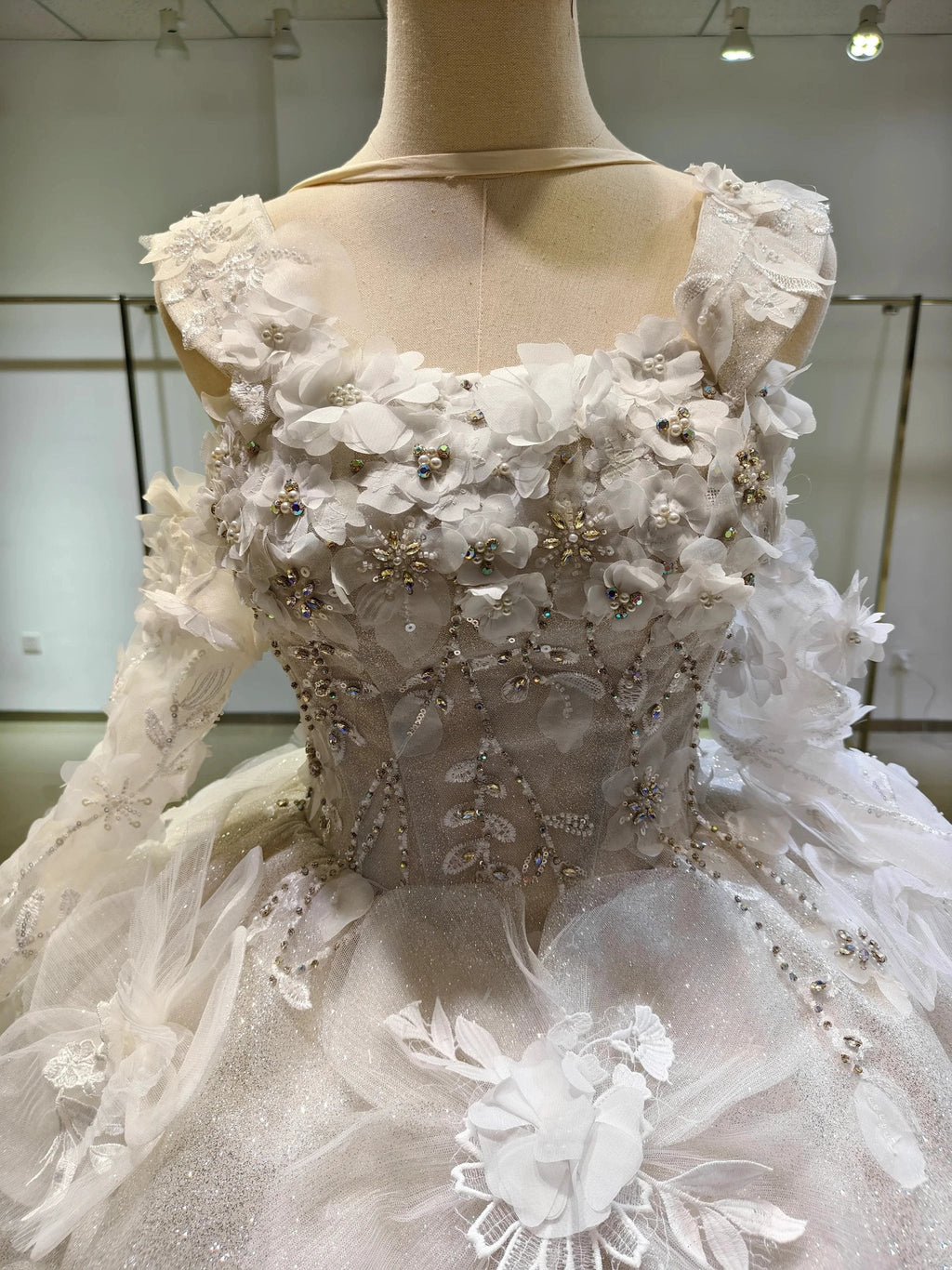 Ivory Petal Whisper Ballgown Organza Floral Bust & Bloom Train