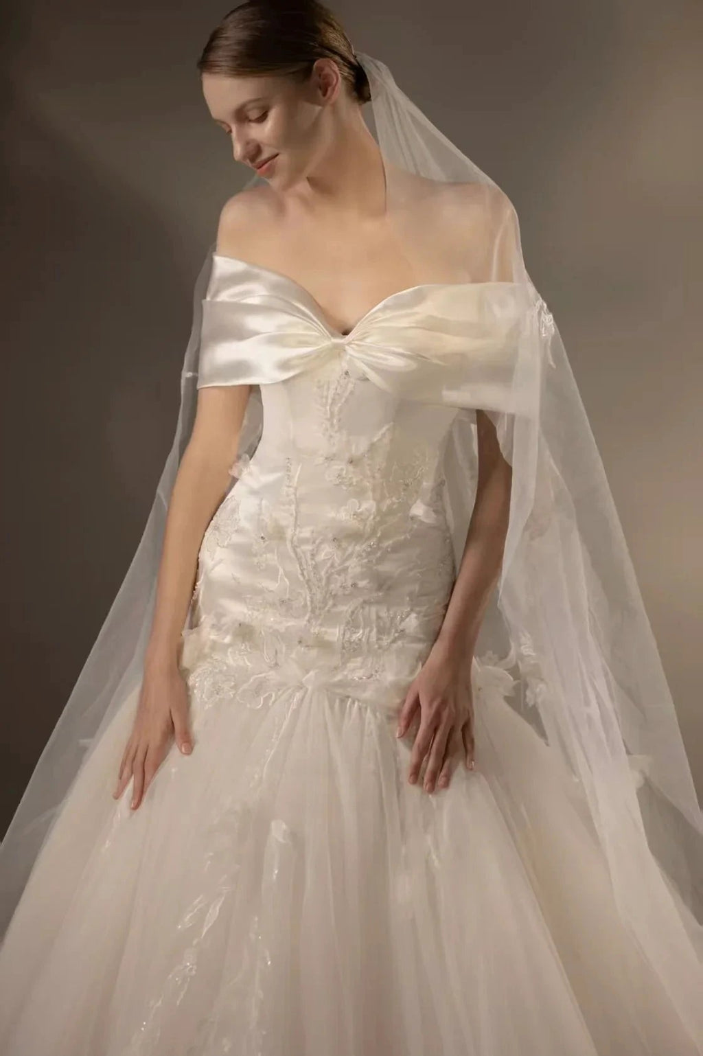 Gorgeous Long Ball Gown Off-the-Shoulder Satin & Tulle Wedding Dress with 3D Embroidery & Cathedral Train Q6013