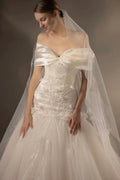 Gorgeous Long Ball Gown Off-the-Shoulder Satin & Tulle Wedding Dress with 3D Embroidery & Cathedral Train Q6013