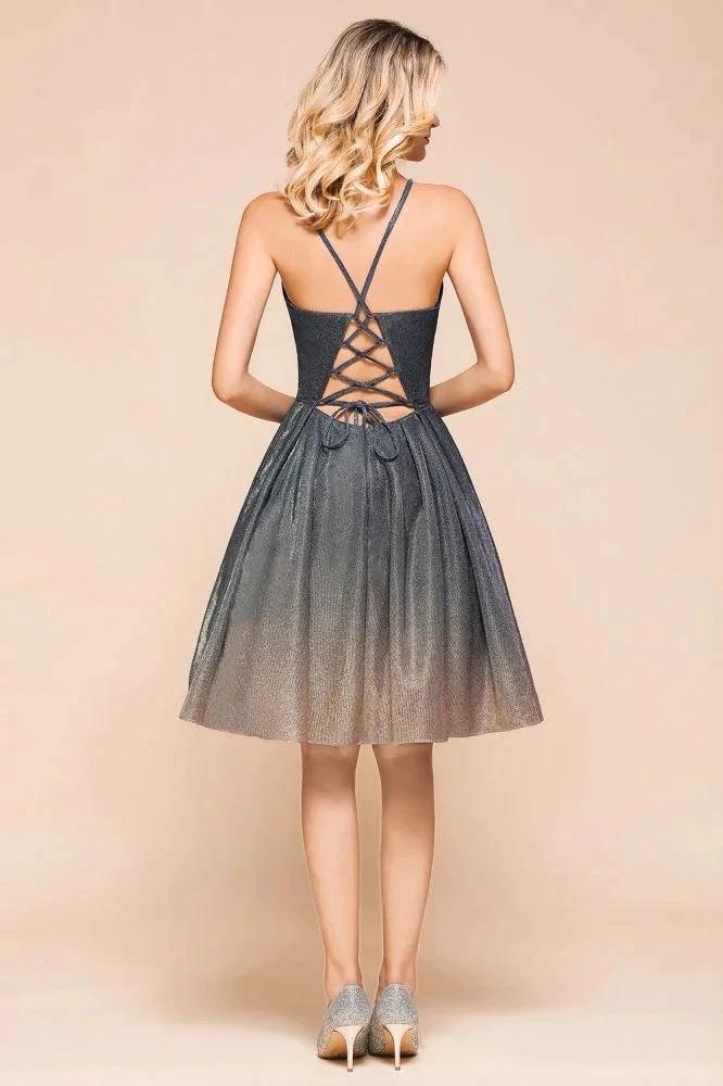 Elagant Spaghetti Straps Bronzing Knee Length Evening Party Dress Deep V-Neck Backless Prom Dress with Pocket