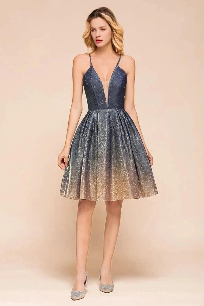 Elagant Spaghetti Straps Bronzing Knee Length Evening Party Dress Deep V-Neck Backless Prom Dress with Pocket