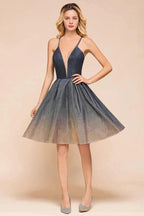 Elagant Spaghetti Straps Bronzing Knee Length Evening Party Dress Deep V-Neck Backless Prom Dress with Pocket