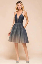 Elagant Spaghetti Straps Bronzing Knee Length Evening Party Dress Deep V-Neck Backless Prom Dress with Pocket
